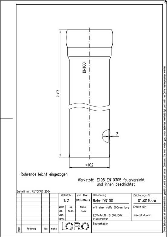 LORO-X-Rohr 01301. DN 100x500mm, mit 1 Muffe