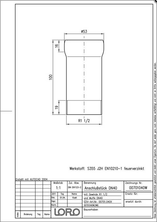 LORO-X Anschluss-Stück AG DN 40x11/2 mit Steckmuffenverbindung