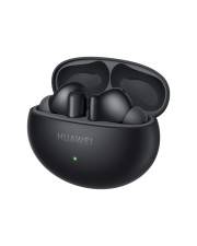 Schwarze Huawei-Kopfhörer mit offenem Ladeetui und sichtbarem grünem Statuslicht.