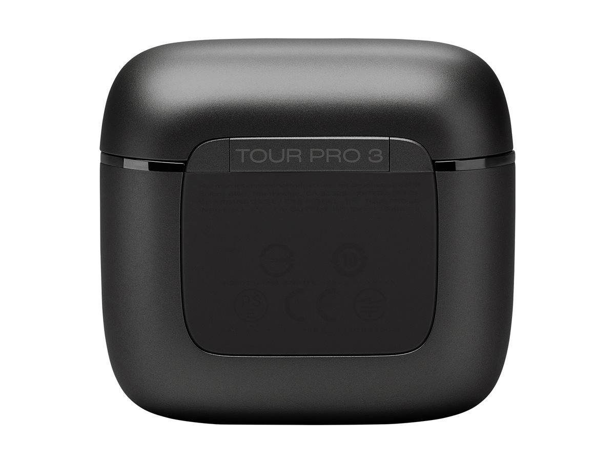 Schwarzes kabelloses Ohrhörer-Ladecase mit der Bezeichnung „TOUR PRO 3" auf schlicht weißem Hintergrund.