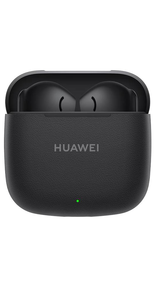 Schwarze Huawei-Wireless-Ohrhörer in einem offenen Ladeetui mit einer kleinen grünen Statusleuchte.