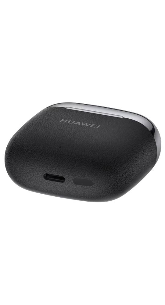 Schwarze kabellose Huawei-Ohrhörer mit Ladeetui auf schwarzem Hintergrund, mit sichtbarem USB-C-Ladeanschluss.