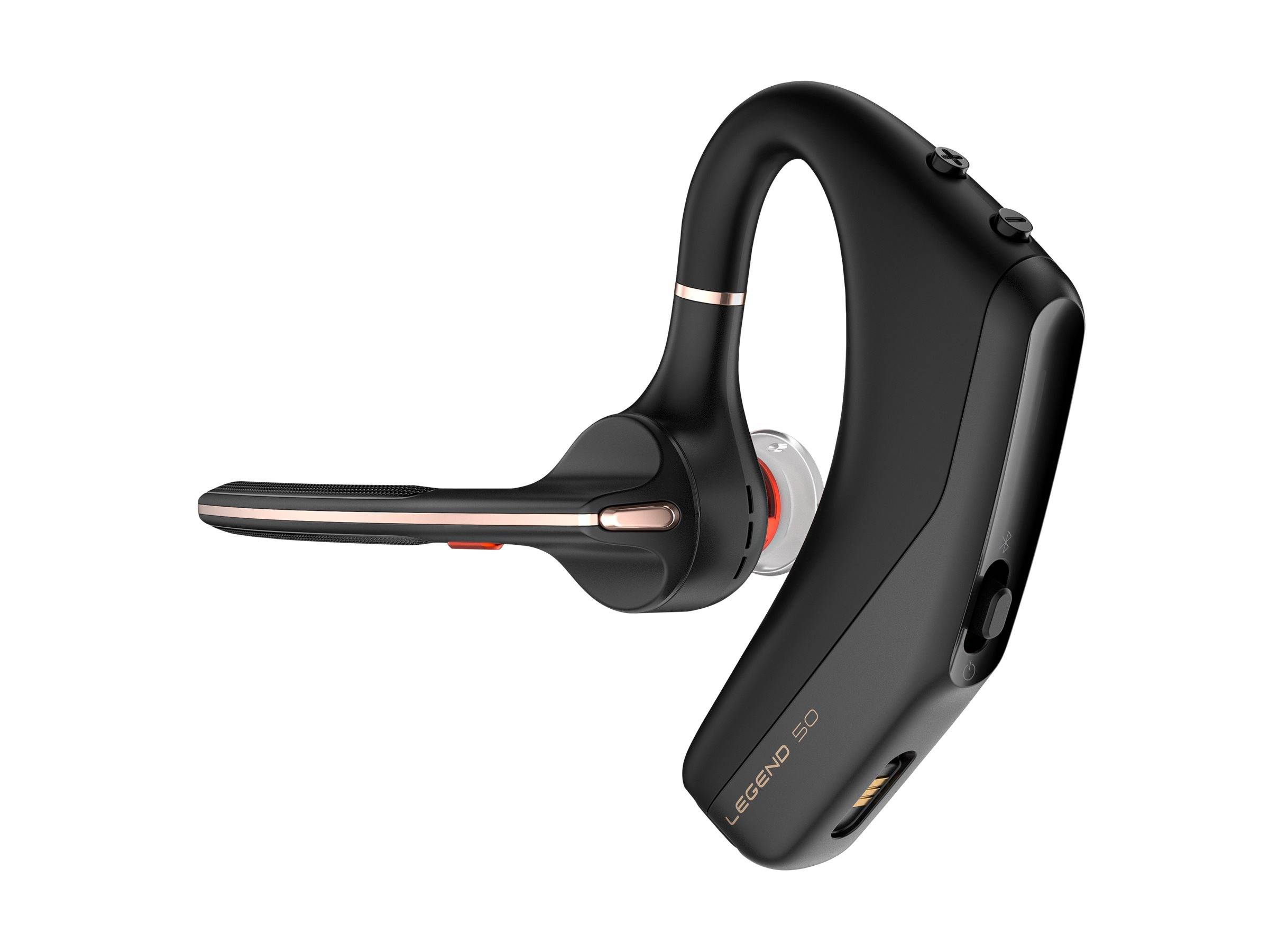 Ein schwarzer, schlanker Bluetooth-Headset mit einem Mikrofonbügel, beschriftet mit 'Legend 50'. Konzipiert für Freisprechkommunikation und ausgestattet mit ergonomischer Ohrunterstützung.