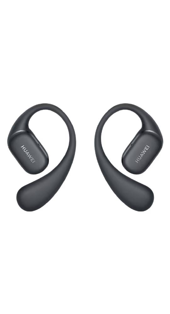 Paar schwarze Huawei Open-Ear-Kopfhörer mit drahtloser Verbindung auf schwarzem Hintergrund.