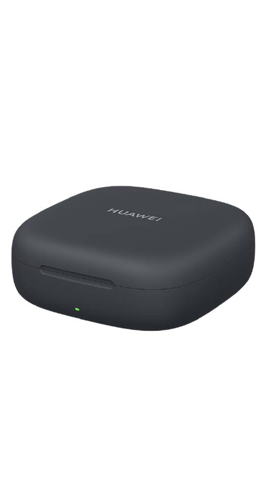 Ein dunkelgrau Huawei-Ladeetui mit kabelloser Ladefunktion und einer kleinen grünen LED-Anzeige auf der Vorderseite, gezeigt vor einem schwarzen Hintergrund.