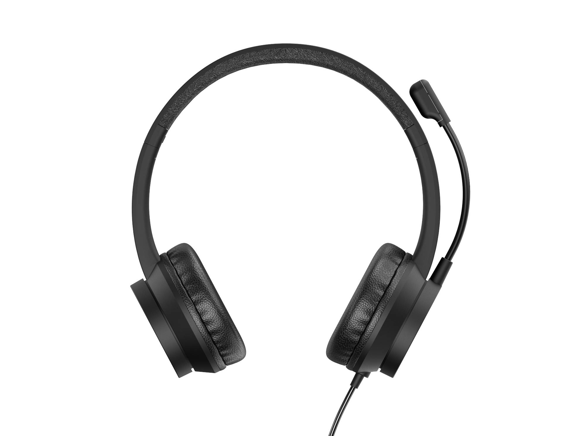 Schwarzes Over-Ear-Headset mit angebrachtem Mikrofon-Ausleger auf weißem Hintergrund.