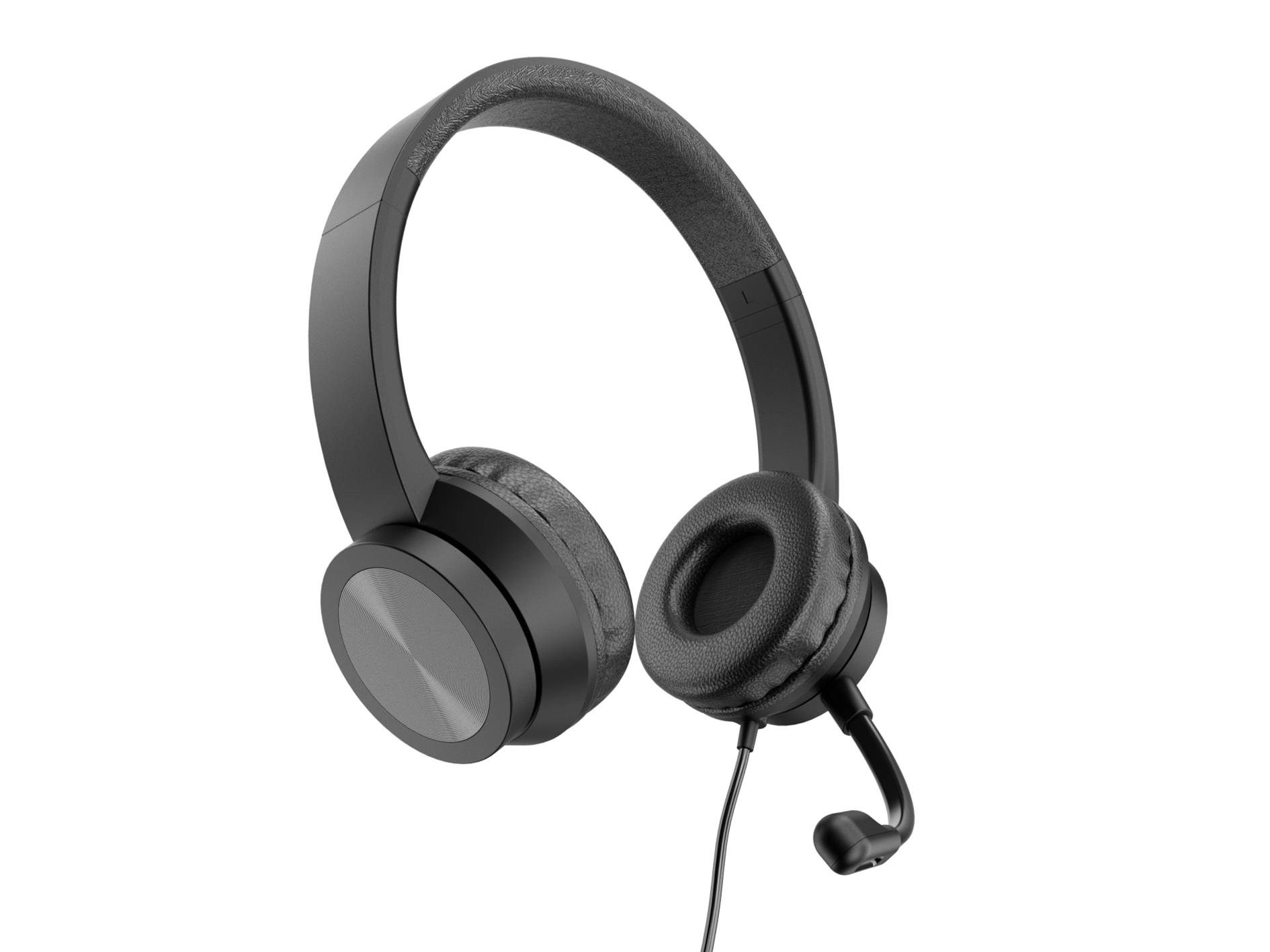 Schwarze kabellose Over-Ear-Kopfhörer mit Boom-Mikrofon auf weißem Hintergrund.