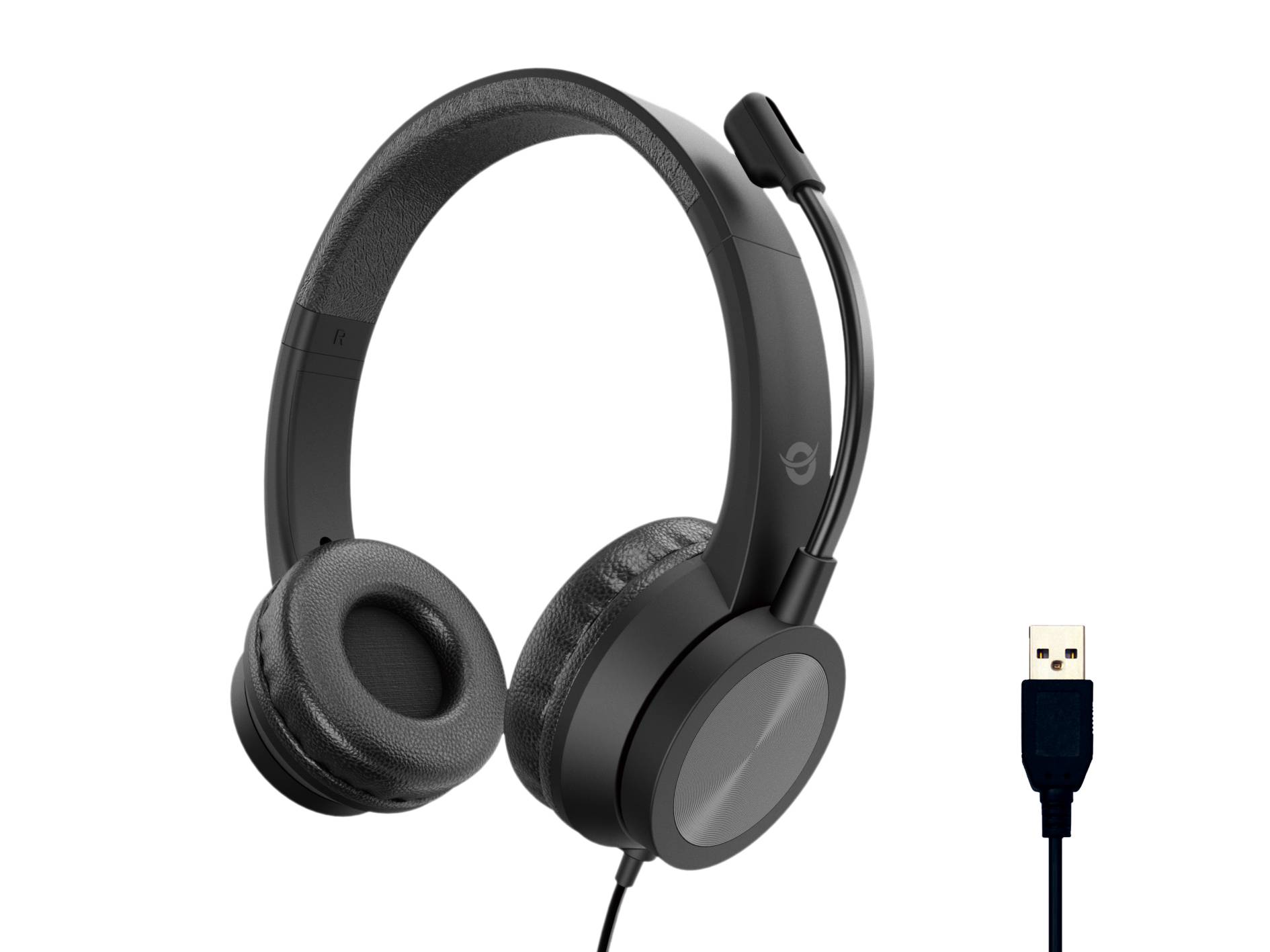 Schwarzes Over-Ear-Funk-Headset mit USB-Empfänger daneben auf weißem Hintergrund.
