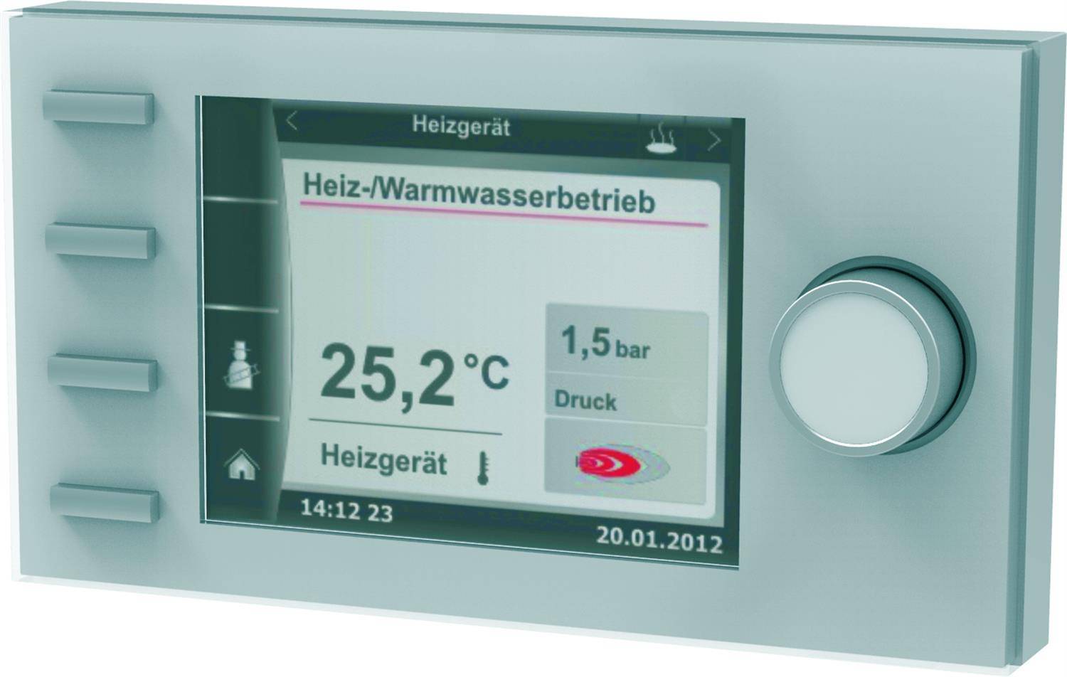 Ein Anzeigefeld einer Heizungssteuerung zeigt 'Heiz-/Warmwasserbetrieb', Temperatur 25,2°C, Druck 1,5 bar, mit einem großen Drehknopf auf der rechten Seite.