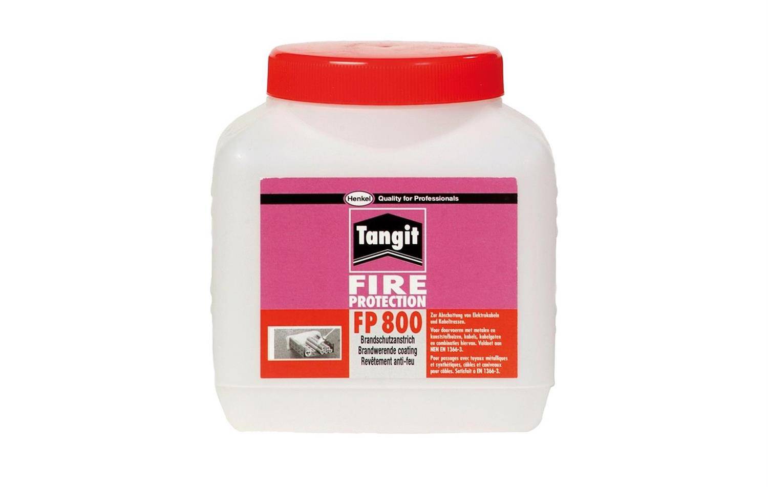 Ein weißes Kunststoffgefäß mit rotem Deckel, beschriftet mit Tangit Fire Protection FP 800.