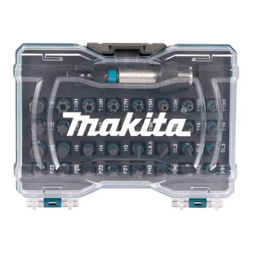 Makita-Kunststoffbehälter für Bits mit verschiedenen Schraubendreher- und Sechskantbits im Inneren sichtbar.