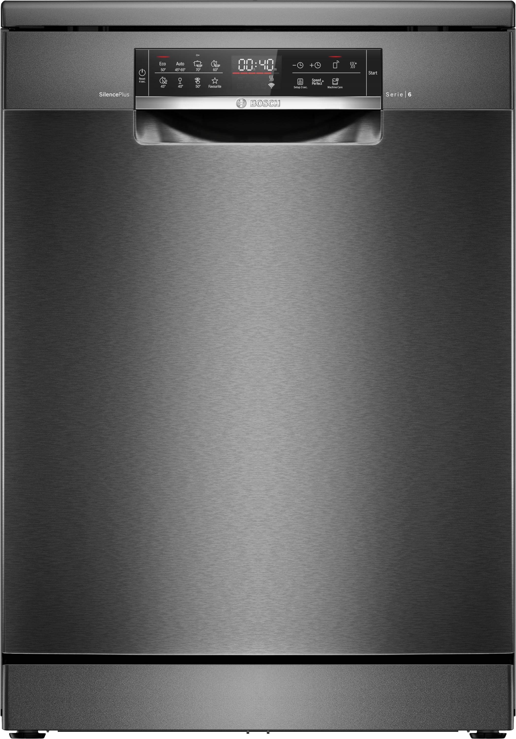 Bosch Serie 6, Freistehender Geschirrspüler, 60 cm, Gebürsteter schwarzer Stahl mit Anti-Fingerprint, SMS6ECC12E