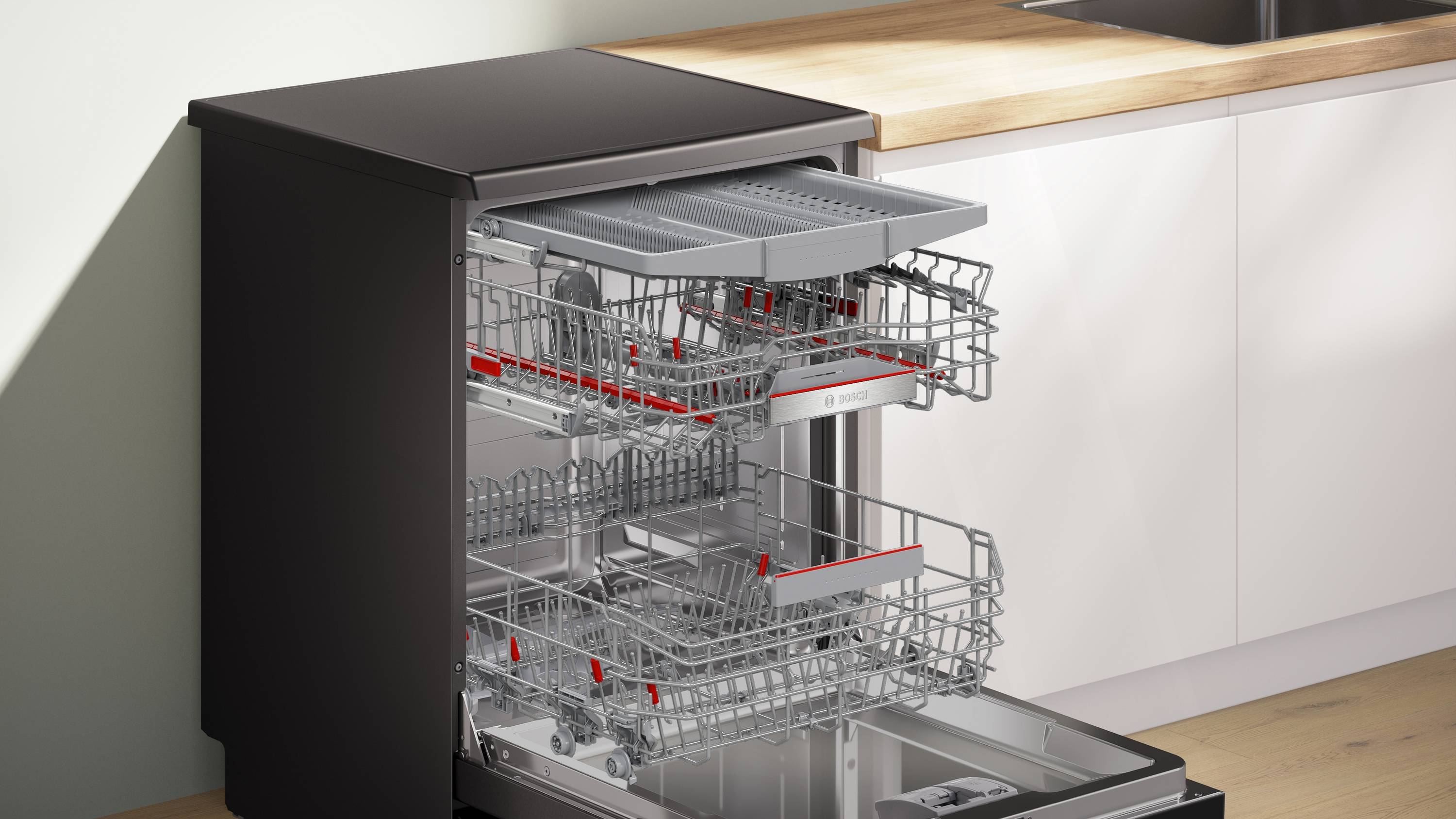 Bosch Serie 6, Freistehender Geschirrspüler, 60 cm, Gebürsteter schwarzer Stahl mit Anti-Fingerprint, SMS6ECC12E