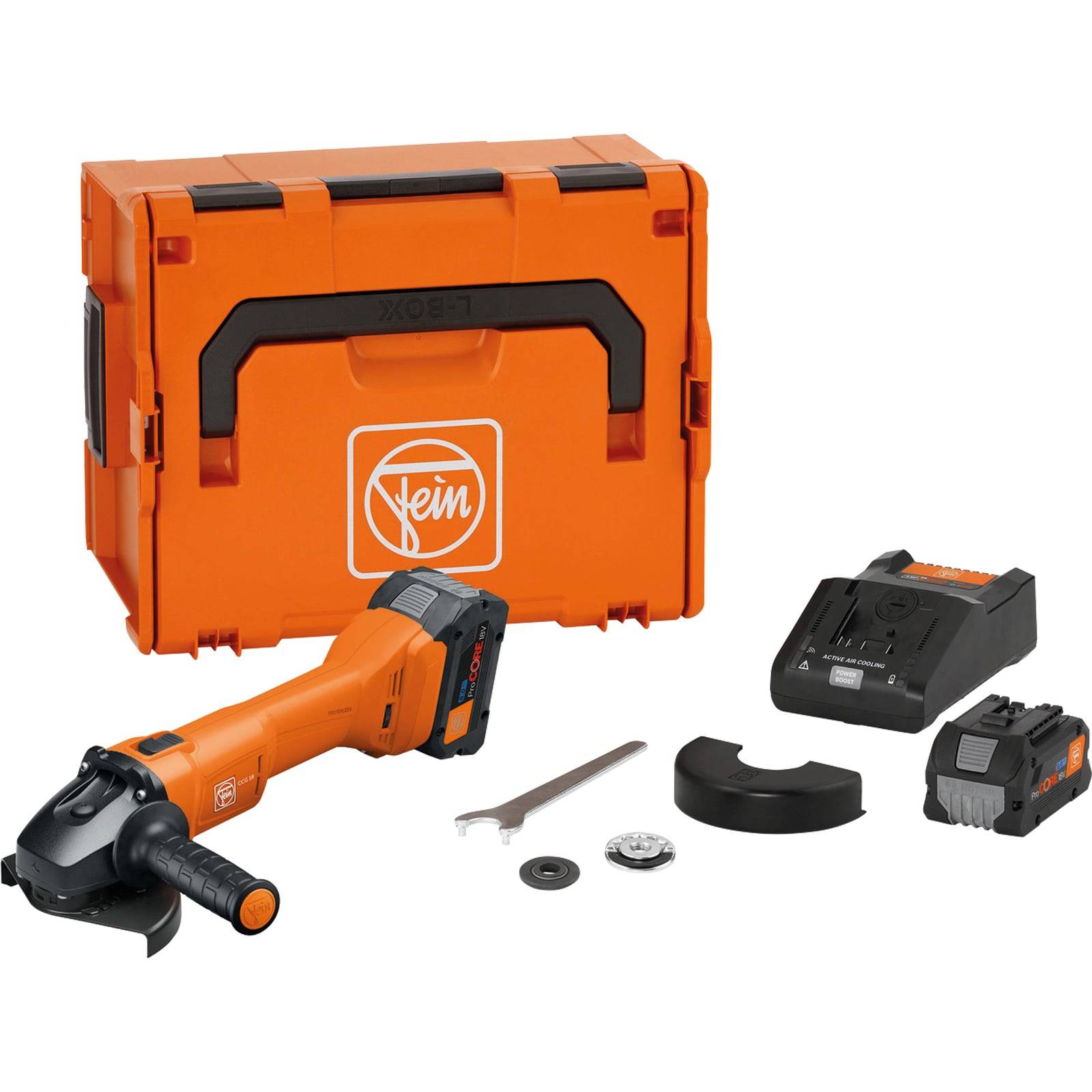 Ein orangefarbenes kabelloses Schleifmaschineset umfasst eine Schleifmaschine, Akku, Ladegerät, Schraubenschlüssel und Aufbewahrungskoffer, ideal für verschiedene Schneid- und Schleifarbeiten.