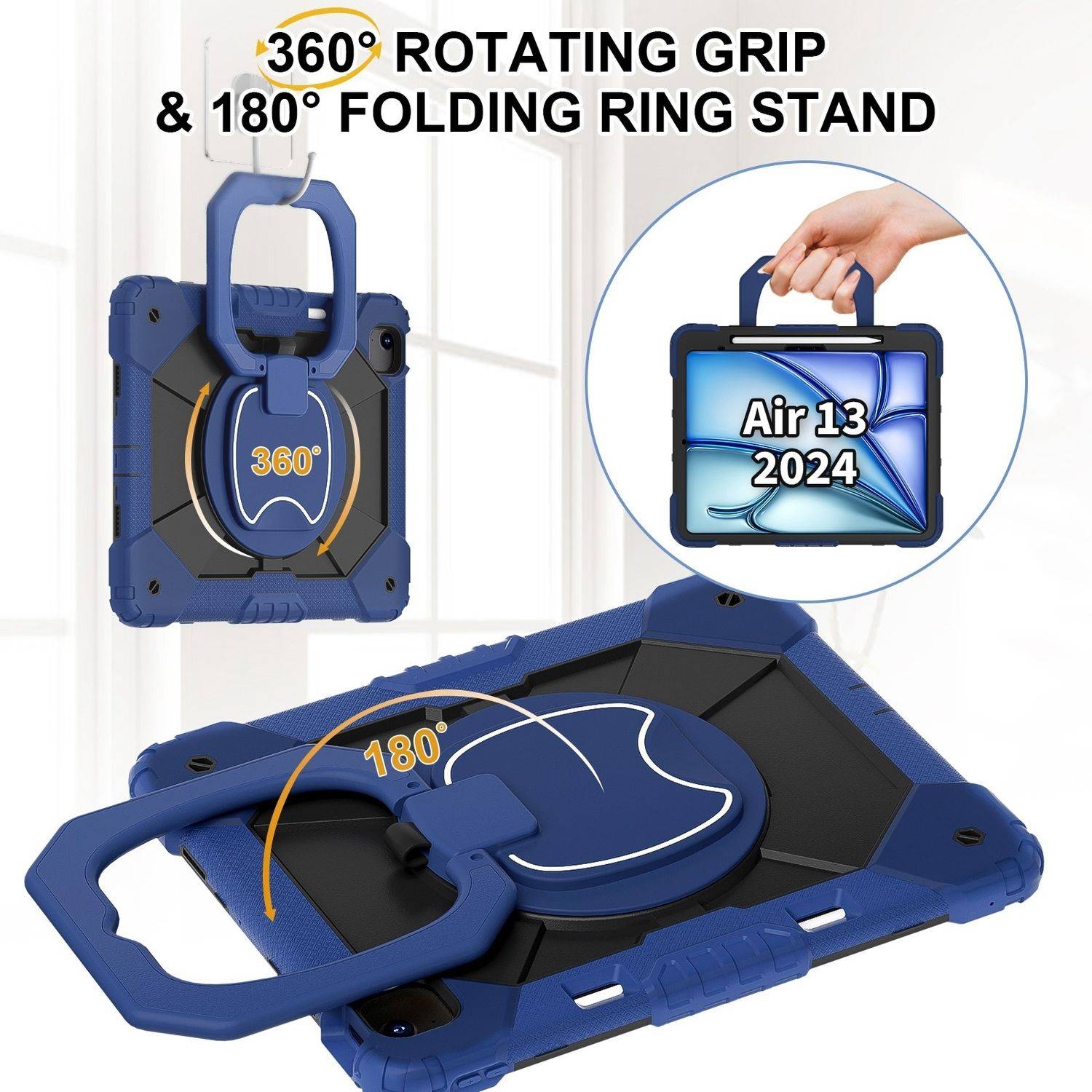 Für Apple iPad Air 13 2025 / 2024 Hybrid 360 Grad Tasche Hülle Schultergurt Blau