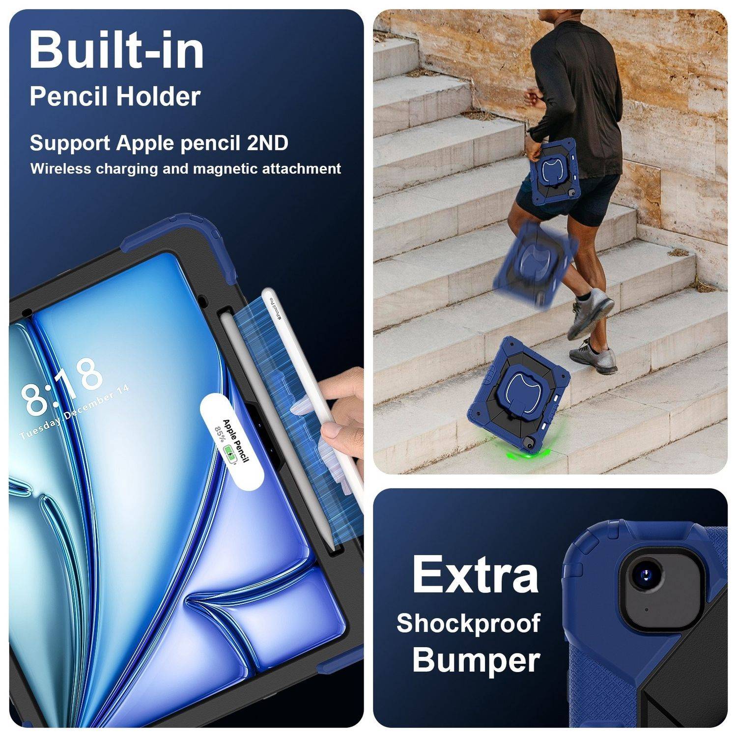 Für Apple iPad Air 13 2025 / 2024 Hybrid 360 Grad Tasche Hülle Schultergurt Blau