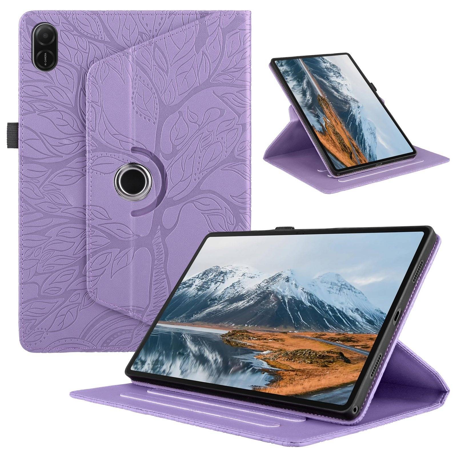Lila Tablet-Schutzhülle mit Blumenmuster mit Ringständer, geschlossen dargestellt und im Ständermodus, der ein Tablet aufrecht und im Querformat hält.