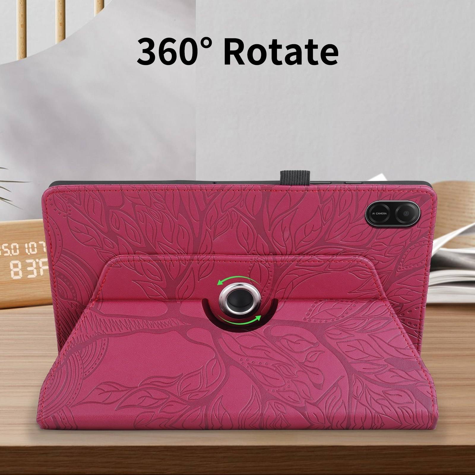 Rosa gemustertes Tablet-Schutzetui mit verstellbarem Ständer und um 360° drehbarem Ringhalter, abgebildet auf einem Tablet in Querformat.