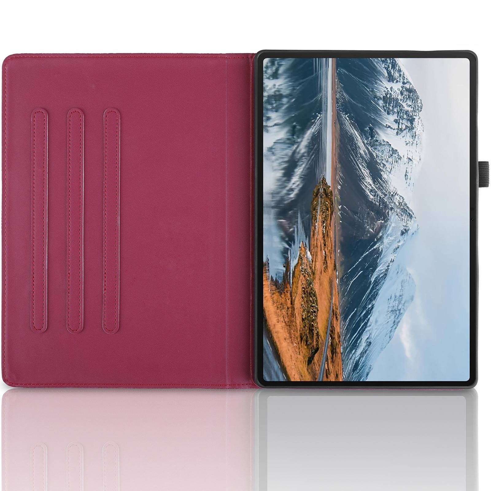 Magenta-farbene Tablet-Schutzhülle mit einem Tablet, das eine Berglandschafts-Hintergrundgrafik anzeigt, auf weißem Hintergrund dargestellt.