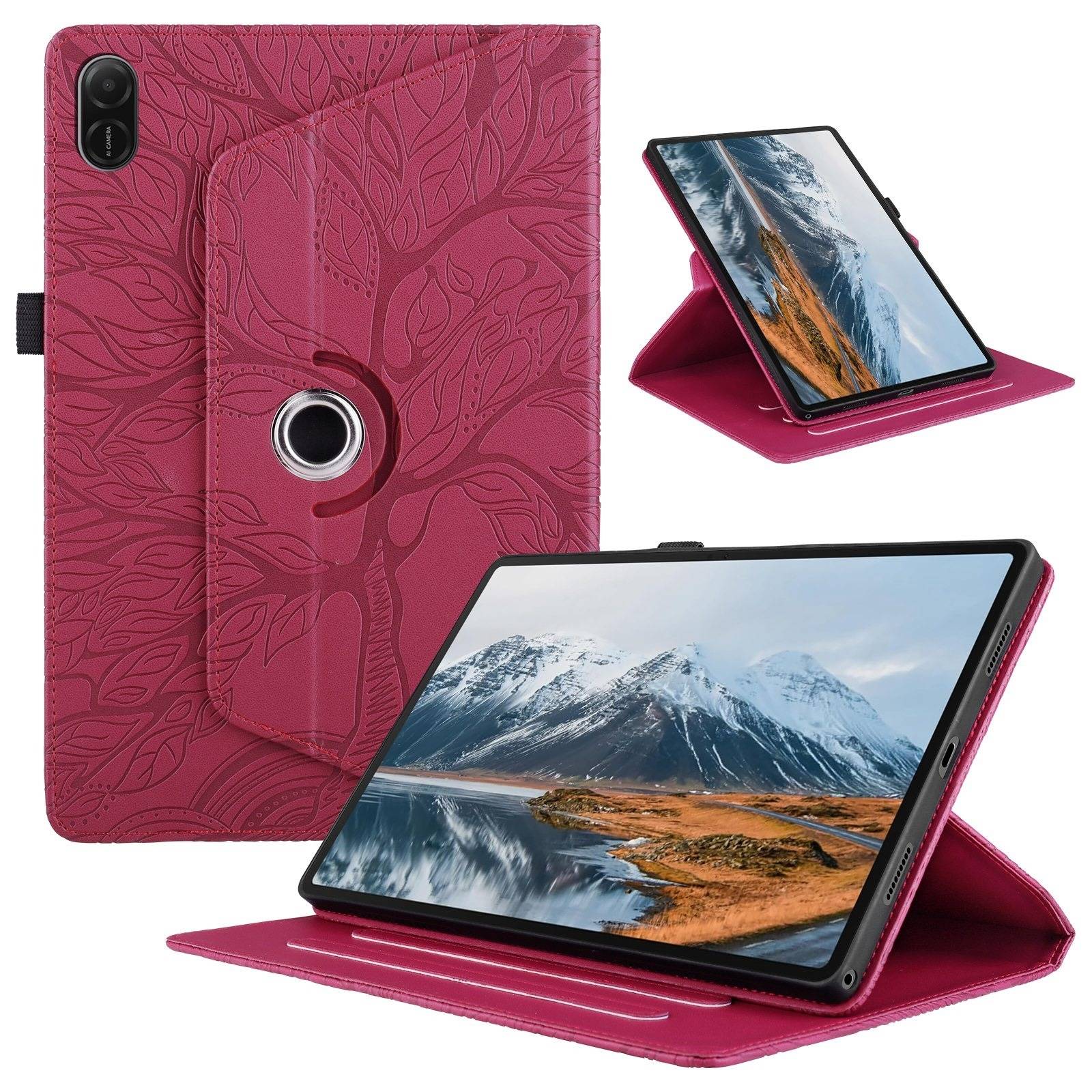 Magenta-Folio-Tablet-Schutzhülle mit geprägtem Blumenmuster und Ringständer, gezeigt offen im Querformat und in angewinkelter aufrechter Position zur Unterstützung eines Tablets.