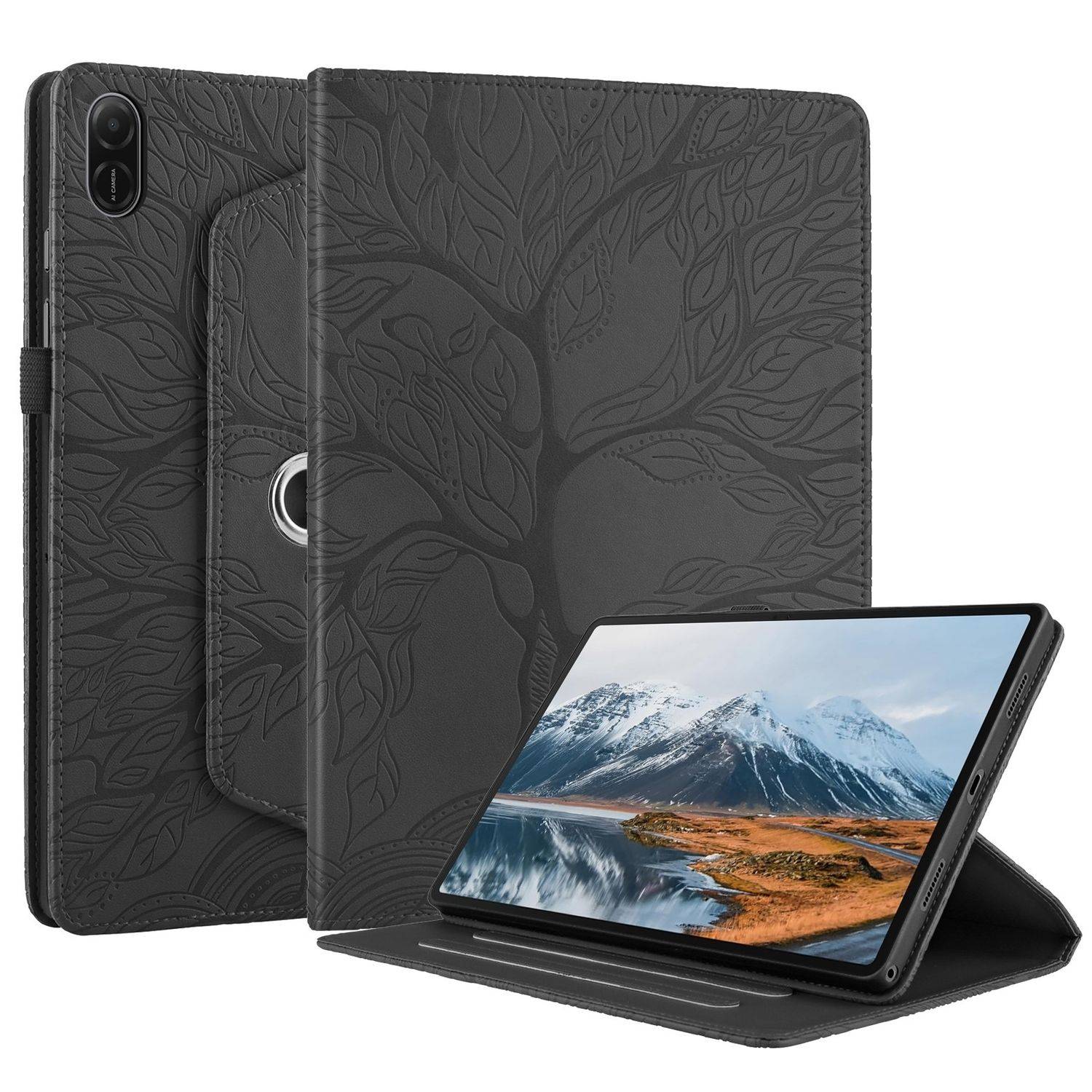 Für Honor Pad X8a 11 Zoll 360 Grad Rotation Baum Muster Kunstleder Hülle Tasche Schwarz