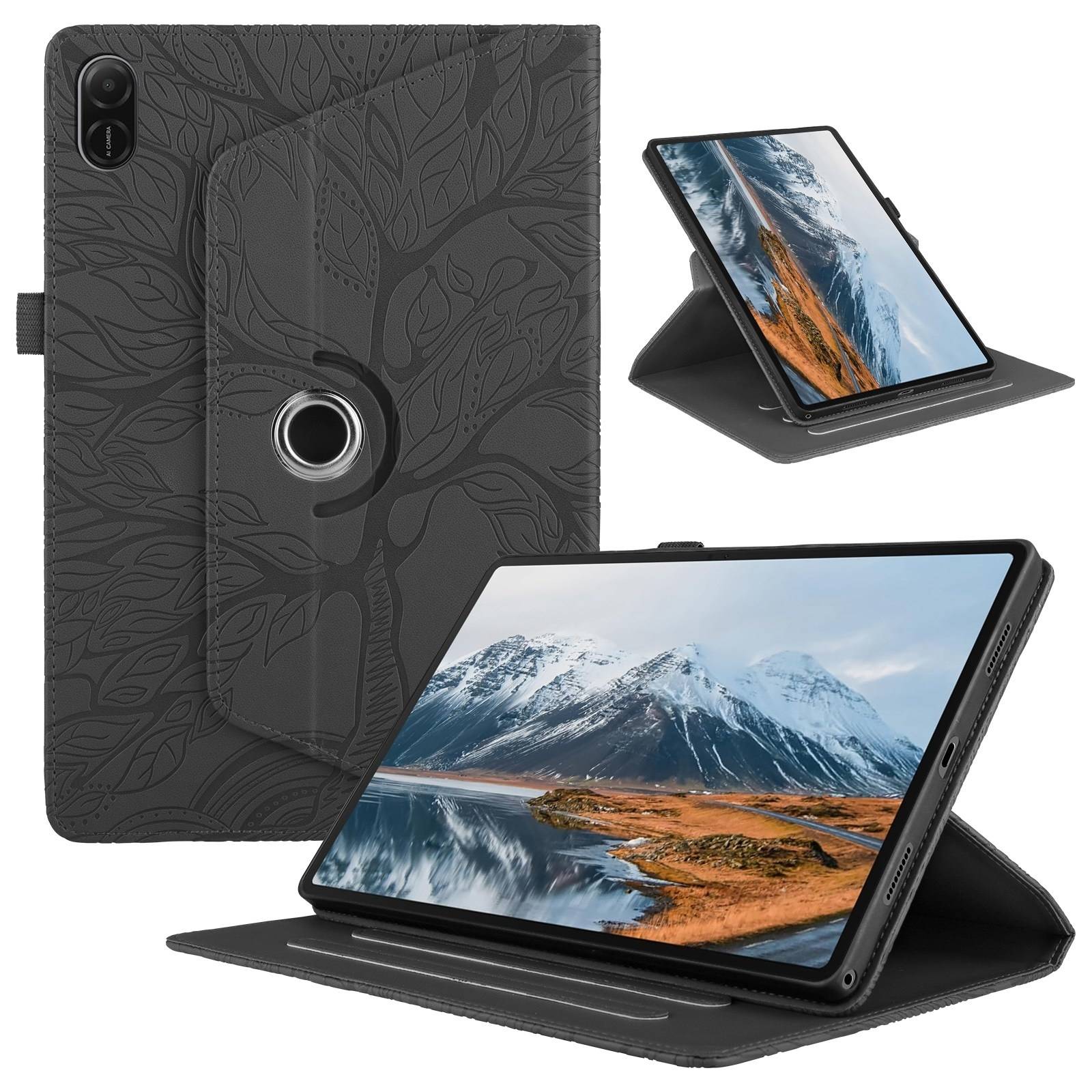Schwarze Tablet-Schutzhülle mit Blumenmuster und Ringhalter, geöffnet in Ständermodus mit Tablet im Quer- und Hochformat.