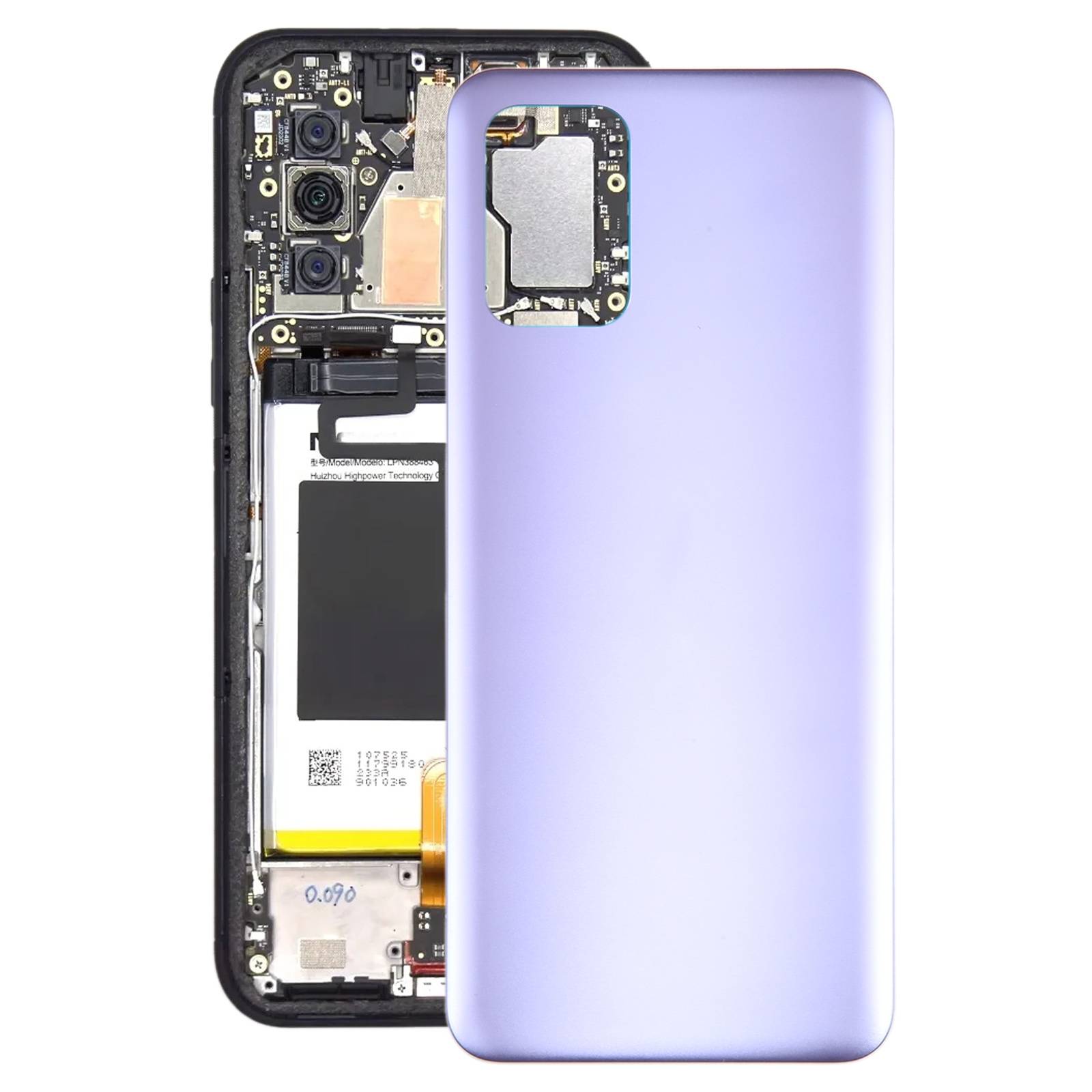 Violette Smartphone-Rückseite neben dem geöffneten Telefongehäuse mit sichtbaren internen Komponenten und Kameramodul.