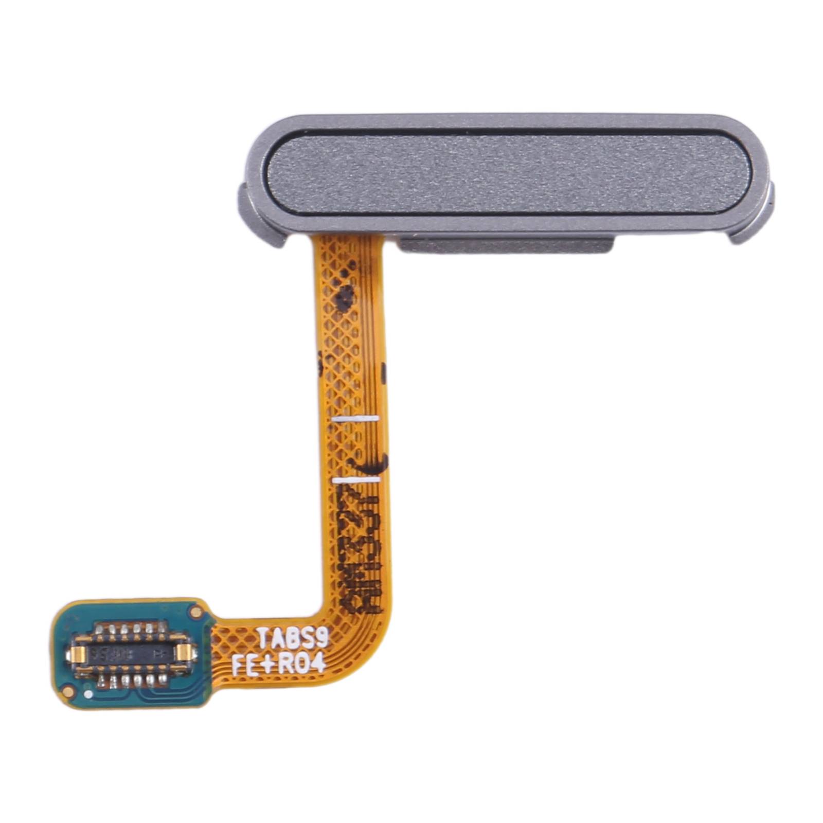 Grauer Smartphone-Seitenknopf auf einem orangefarbigen, flexiblen Flachbandkabel mit Stecker, dargestellt auf weißem Hintergrund.