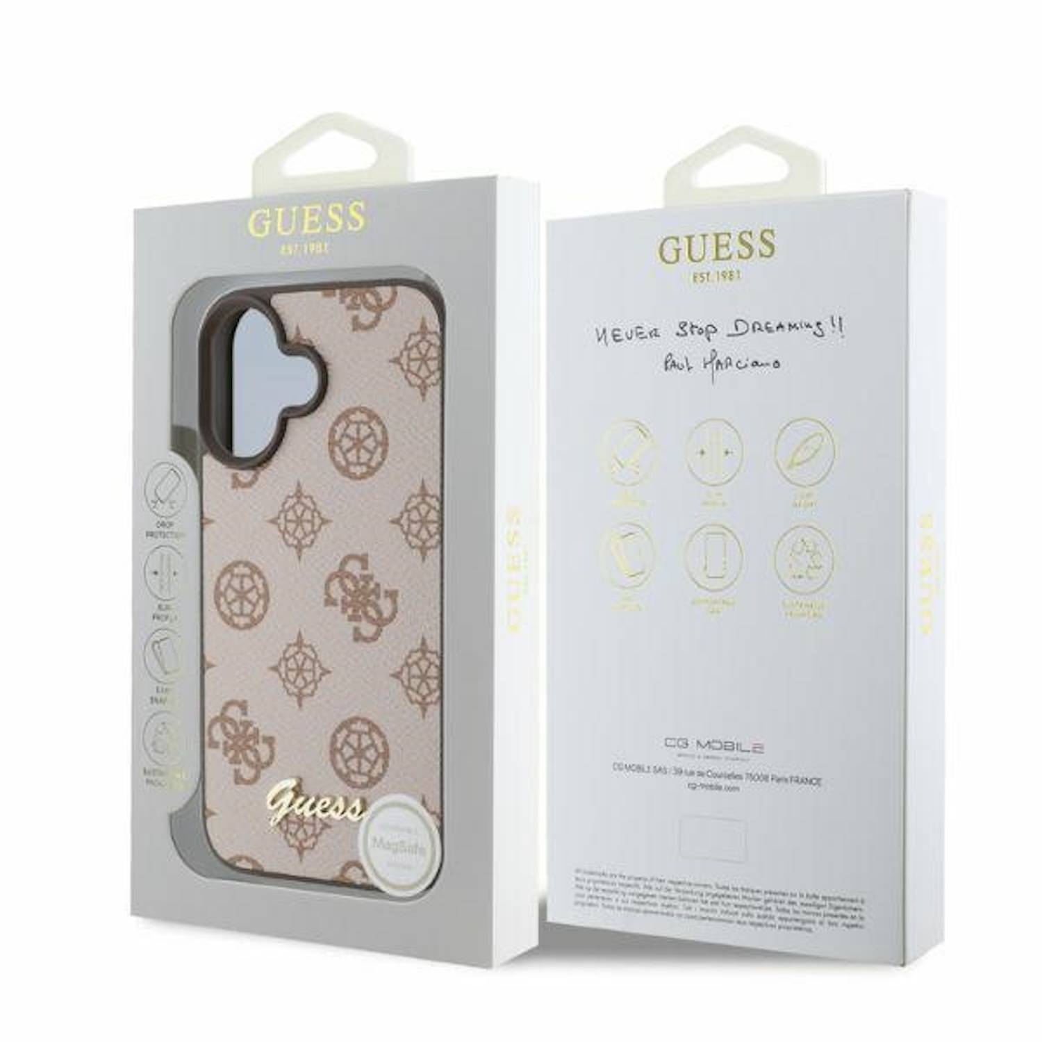 GUESS Apple iPhone 16 Hardcase Hülle Peony Script Design MagSafe Braun