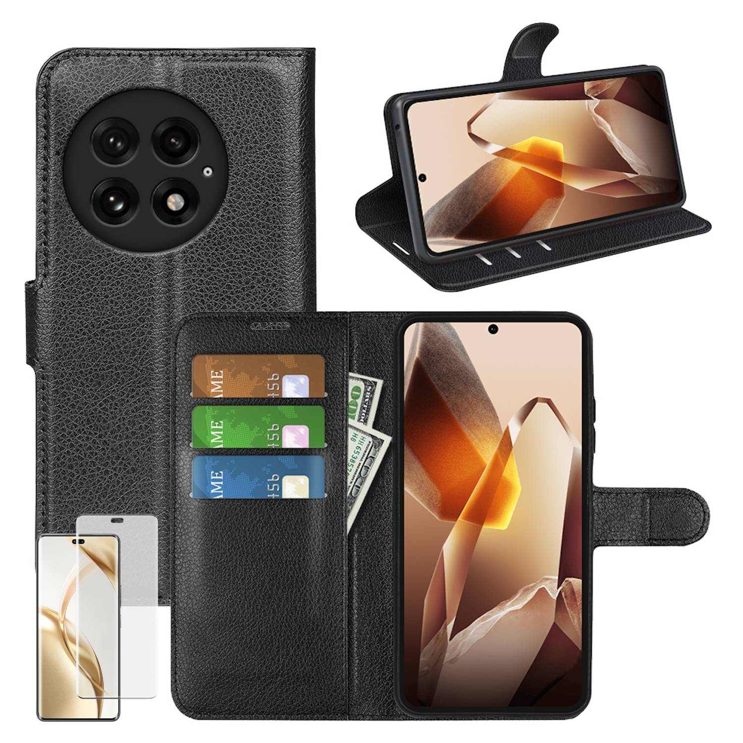 Für OnePlus 13R Handy Tasche Schwarz Etuis Kunst-Leder Hülle Case + 4D Curved H9 Hart Glas