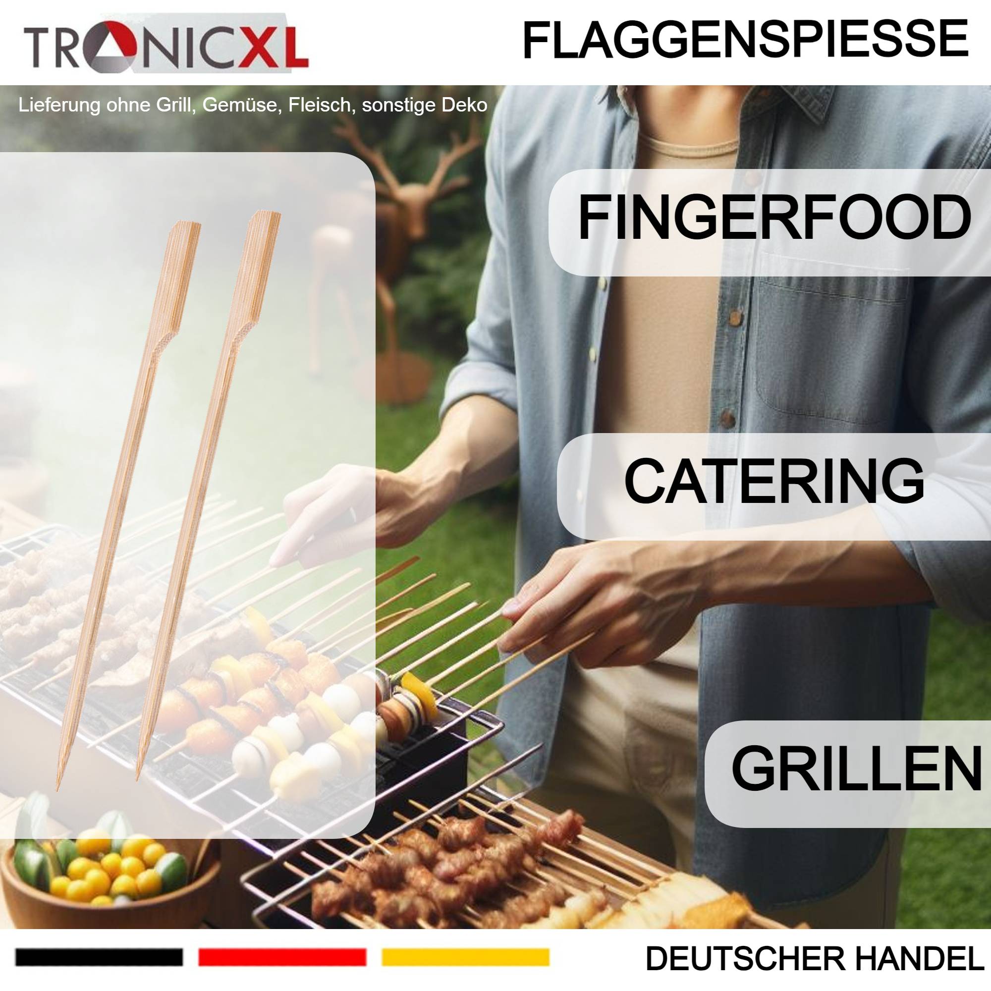 1600 x 120mm Flaggenspieß Flaggenspiesse Bambusspieß Catering Fingerfood Holzspieß Holz Spieße Grillen BBQ Grillspieße