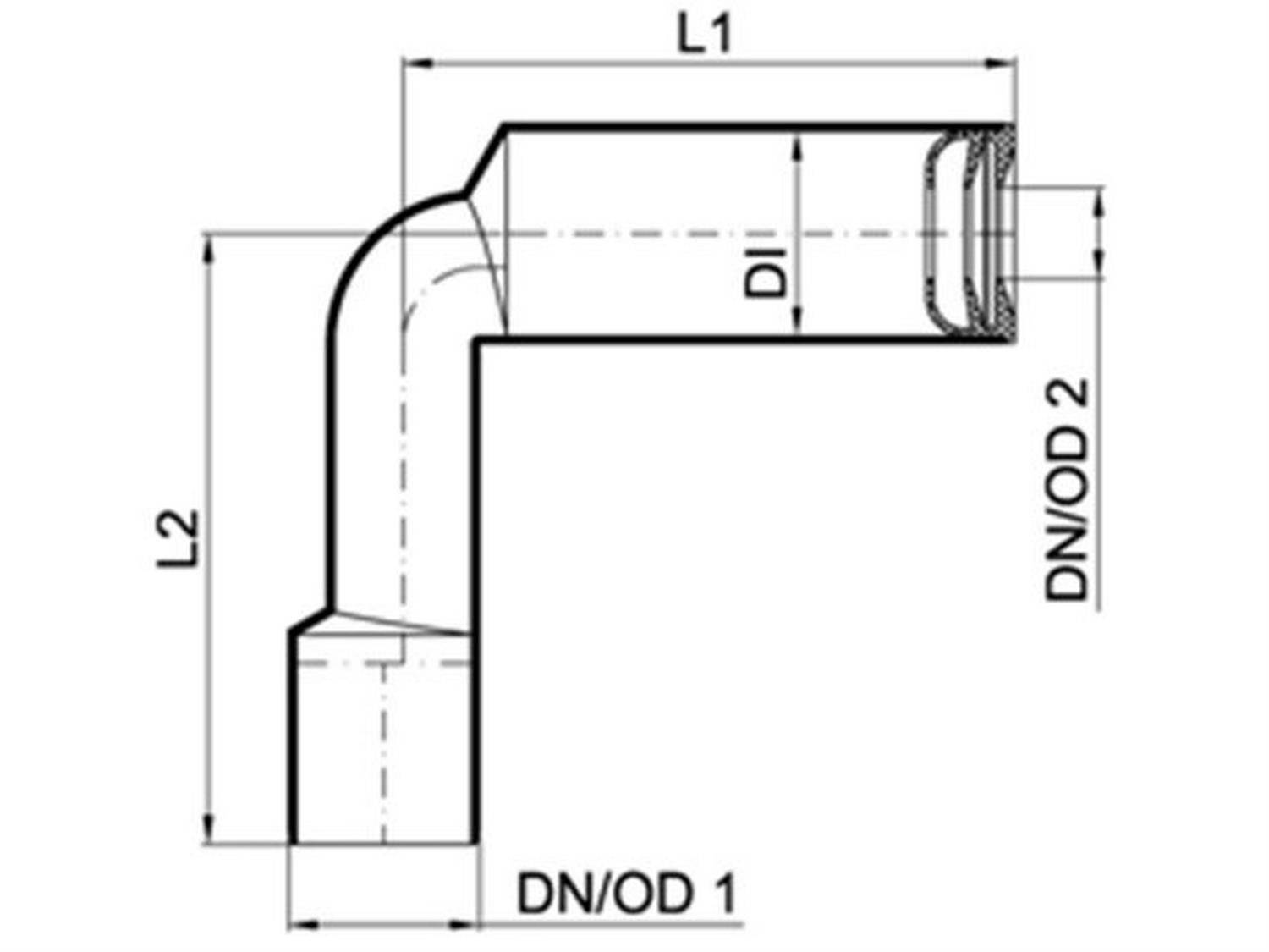 Technisches Diagramm einer 90-Grad-Rohrbogenfitting mit beschrifteten Abmessungen L1, L2, D1, DN/OD 1 und DN/OD 2.