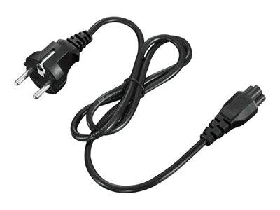 Schwarzes Stromkabel mit einem zweipoligen europäischen Stecker an einem Ende und einer Buchse am anderen Ende.
