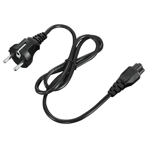 Schwarzes Stromkabel mit europäischem zweipoligem Stecker auf der einen Seite und Gerätestecker auf der anderen Seite.
