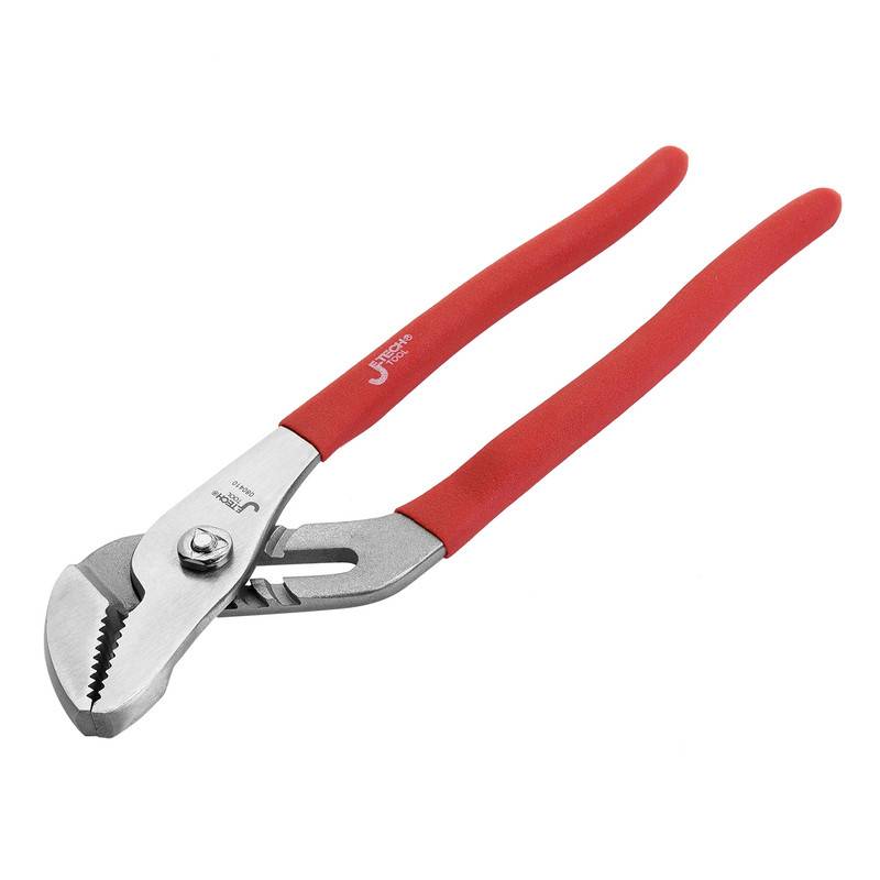 Rot-griffe Einstellzange auf weißem Hintergrund, die den Greifmechanismus und den Verstellschlitz der Backen präsentiert.