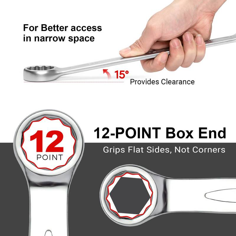 Person, der einen Schraubenschlüssel in einem 15-Grad-Winkel verwendet, um in engen Räumen einen besseren Zugang zu ermöglichen. Der Schraubenschlüssel verfügt über ein 12-Punkt-Aufsteckende-Design.
