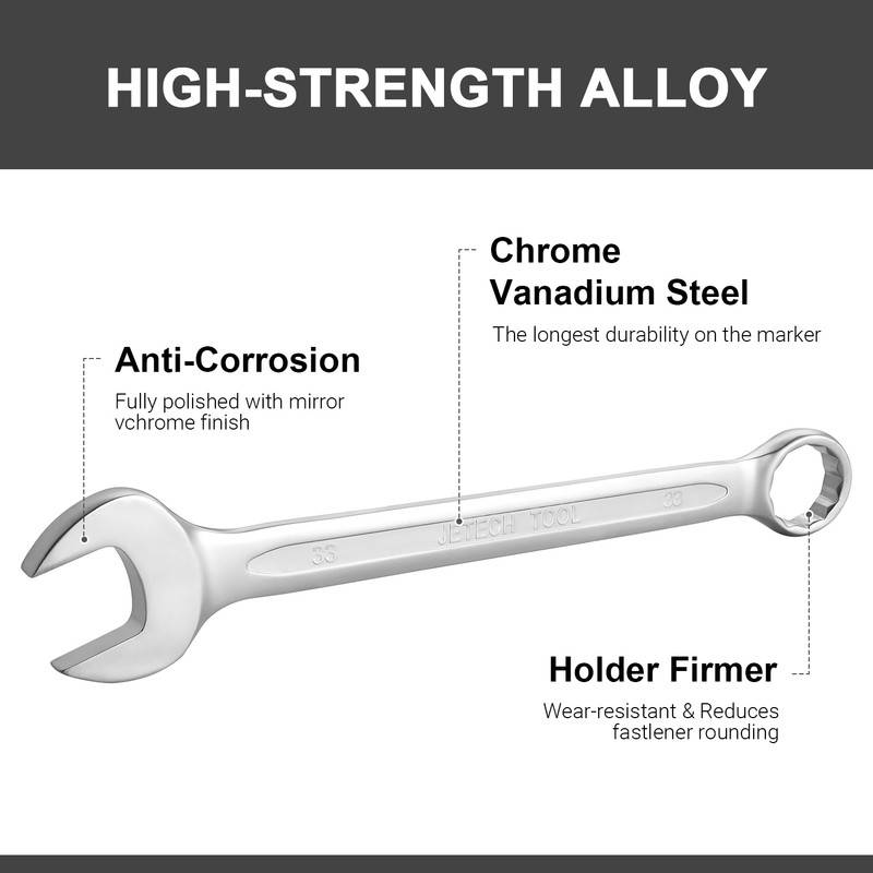 Ein Schraubenschlüssel aus Chrom-Vanadium-Stahl mit spiegelglanzverchromter, korrosionshemmender Oberfläche, der Haltbarkeit und verringerte Verschraubungsabnutzung bietet.