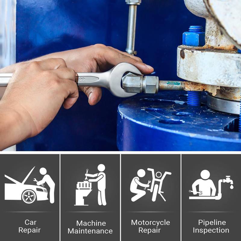 Eine Person verwendet einen Schraubenschlüssel, um ein Ventil an einer blauen Pipeline zu befestigen. Unten sind Icons abgebildet, die Dienstleistungen darstellen: 'Autoreparatur', 'Maschinenwartung', 'Motorradreparatur', 'Leitungsprüfung'.