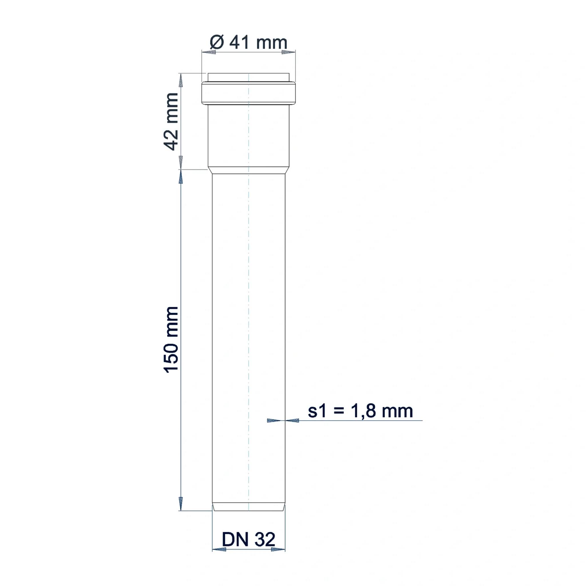 Technische Maßzeichnung einer Rohrarmatur mit den Bezeichnungen Ø 41 mm, 42 mm, 150 mm und DN 32, mit Wandstärke s1 = 1,8 mm.