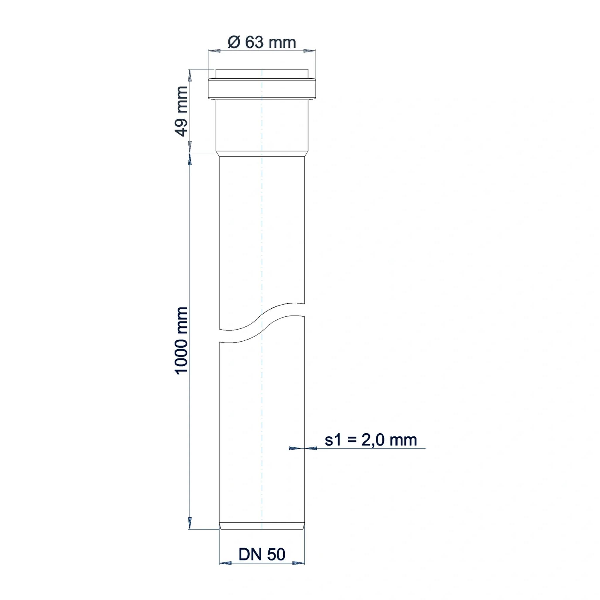 Technische Zeichnung eines Rohrs: oberer Durchmesser Ø63 mm, Länge 1000 mm, oberer Abschnitt 49 mm, Wandstärke s1 = 2,0 mm, unten mit DN 50 gekennzeichnet.