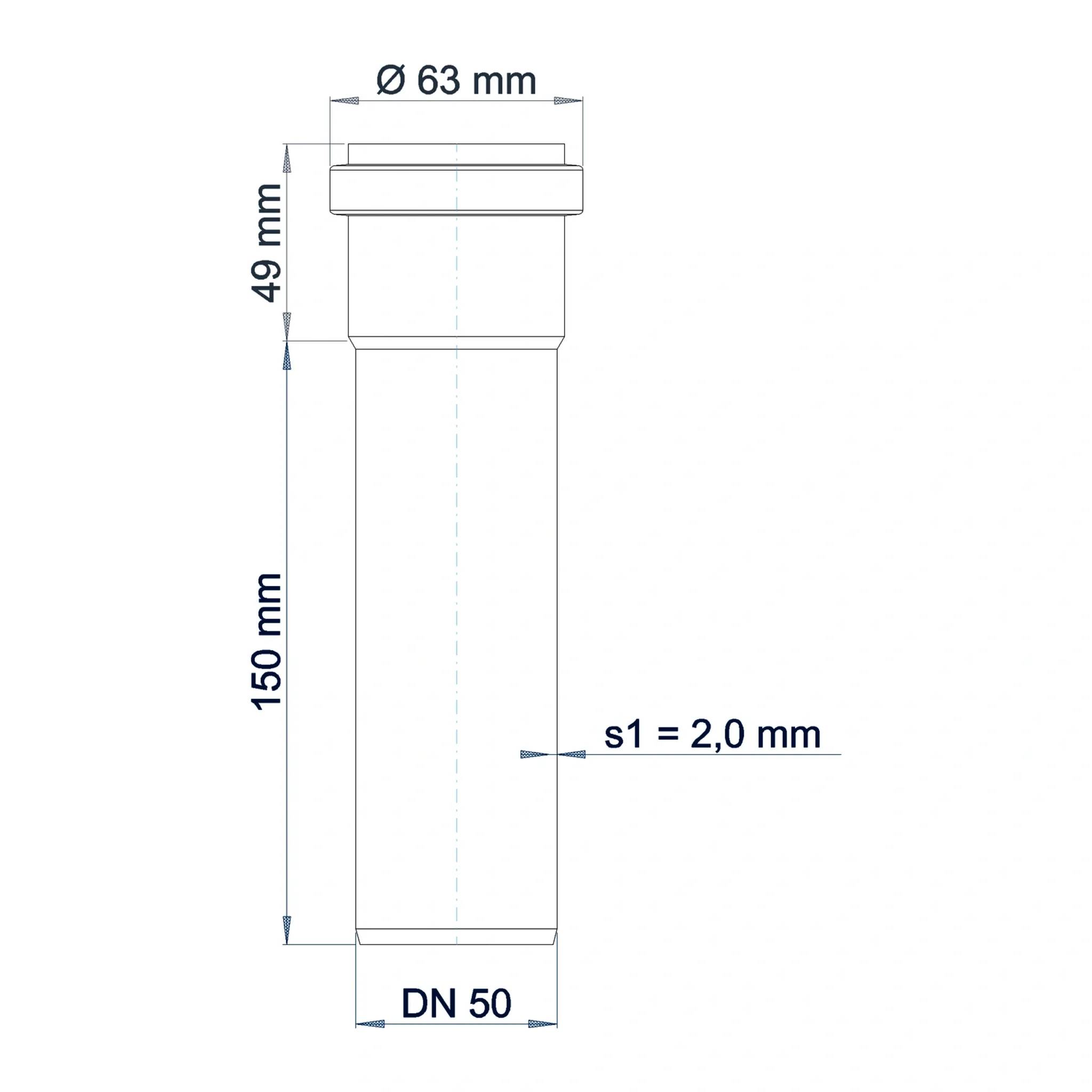 Technische Zeichnung einer zylindrischen Rohrverschraubung, gekennzeichnet mit Ø 63 mm, 49 mm, 150 mm, s1 = 2,0 mm und DN 50.