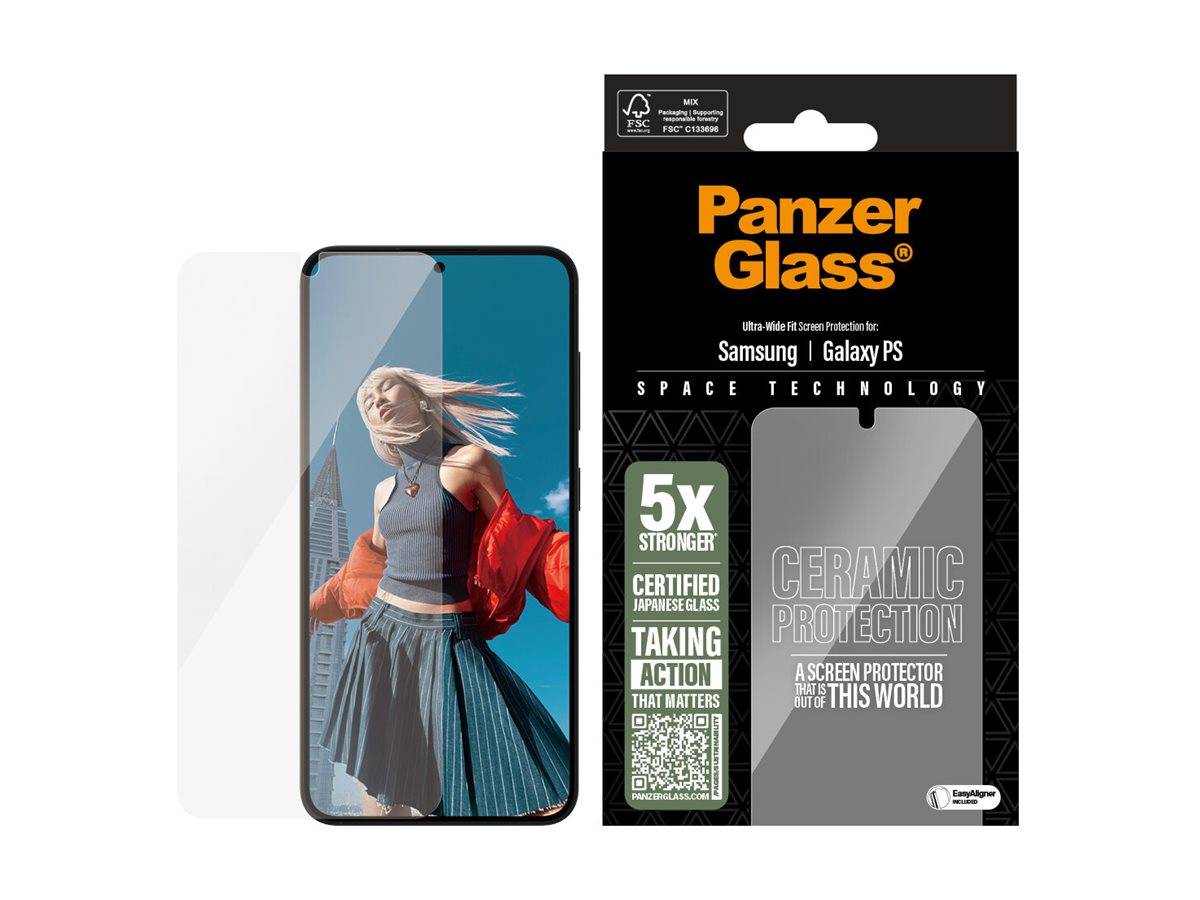 Panzer Glass Displayschutz für Samsung Galaxy mit Technologiedetails aus dem Weltraum. Bild eines Telefons mit einer Frau in einer Stadtlandschaft.