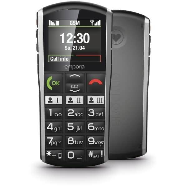 Vorder- und Rückansicht eines schwarzen Emporia-Feature-Phones mit großem Display, großem Tastenfeld, grüner Anruftaste und roter Beendigungstaste, auf dem 12:30 und „Anrufinformationen