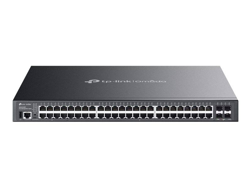 Ein schwarzer TP-Link-Netzwerkswitch mit 48 Ethernet-Ports wird gezeigt, auf dessen Oberfläche das Logo 'TP-Link Omada' zu sehen ist.