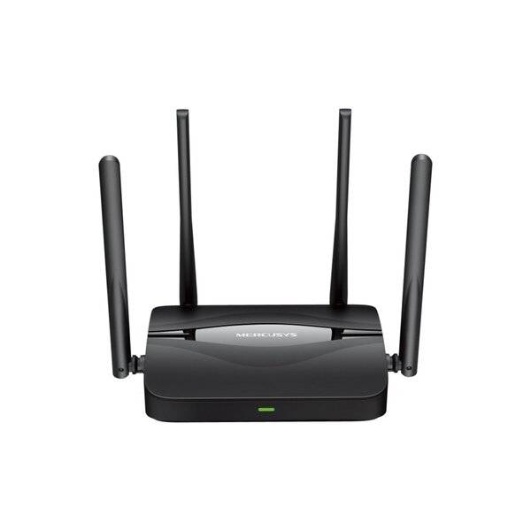 Schwarzer kabelloses Router mit vier Antennen und einer grünen Statusleuchte auf weißem Hintergrund.