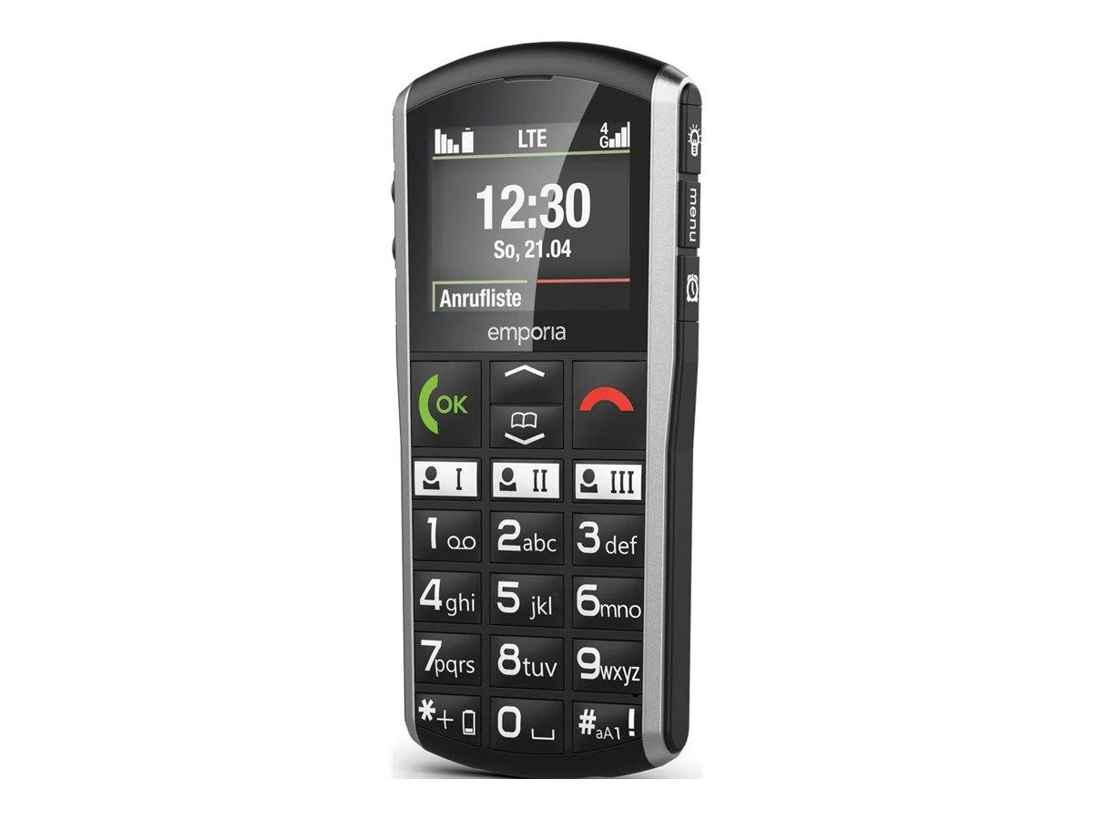 Schwarzes Emporia Mobiltelefon mit großem Bildschirm und physischer Tastatur, zeigt die Uhrzeit 12:30, LTE-Signal und 