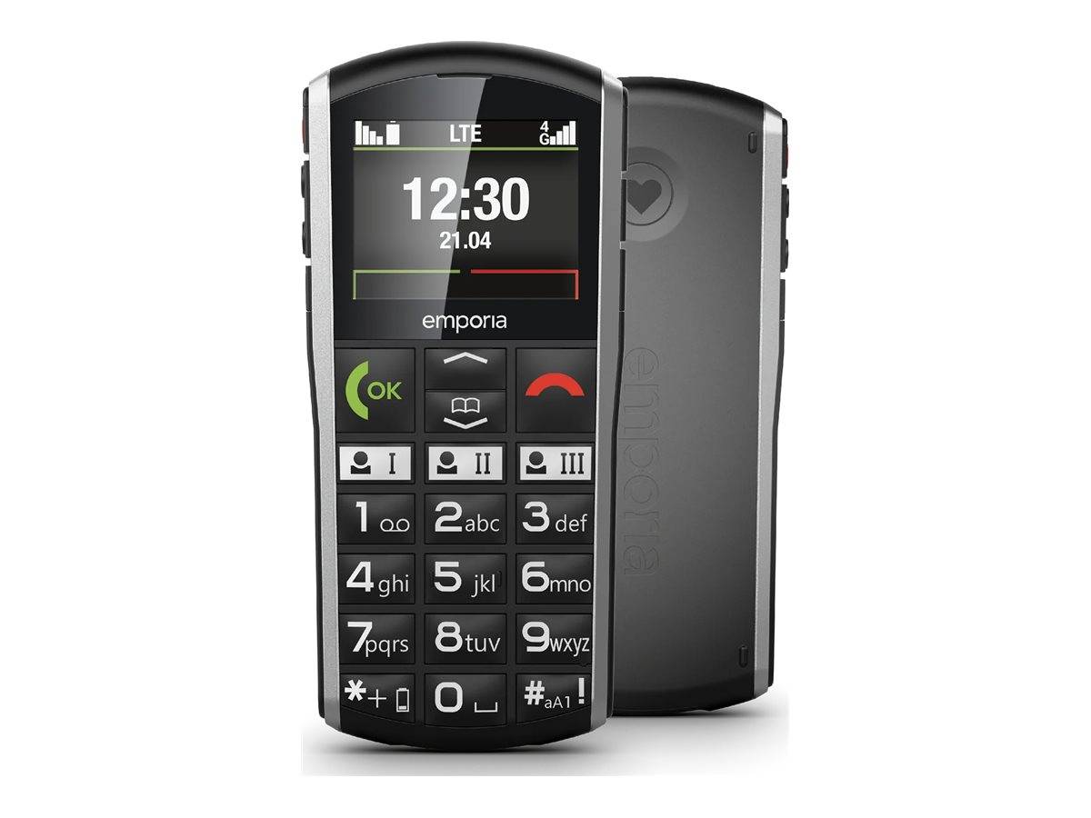 Schwarze Emporia Mobiltelefon von vorne und hinten gezeigt, mit großem Display, Tastenfeld, grüner Anruftaste und roter Beendigungstaste.
