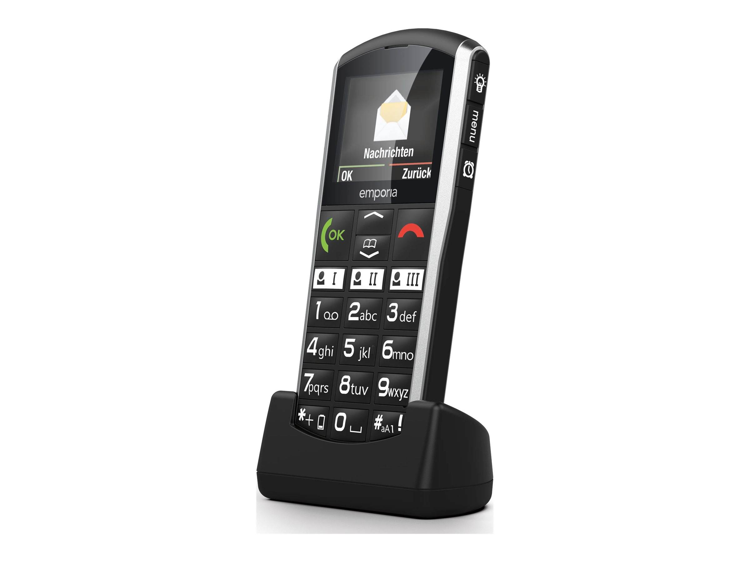 Schwarzes schnurloses Telefon in einer Ladestation, schräg aufrecht auf weißem Hintergrund, mit deutschem Menütext auf dem Bildschirm.