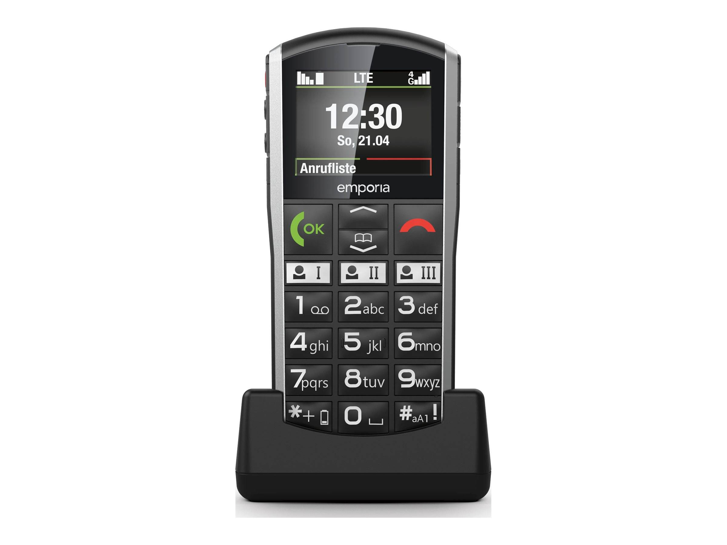 Ein schwarzes Empria-Mobiltelefon sitzt in einer Ladestation und zeigt 12:30, Datum 21.04, LTE-Signal und ein 'Anrufliste'-Menü auf dem Bildschirm an.
