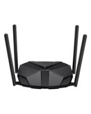 Ein schwarzer, moderner WLAN-Router mit vier Antennen. Das Design ist elegant und kantig, wahrscheinlich für hochgeschwindiges Internet gedacht.